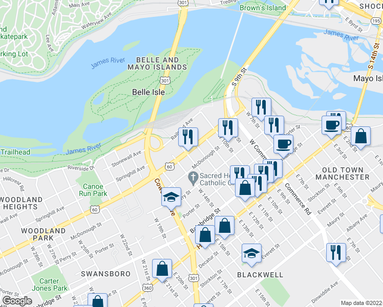 map of restaurants, bars, coffee shops, grocery stores, and more near 1208 McDonough Street in Richmond