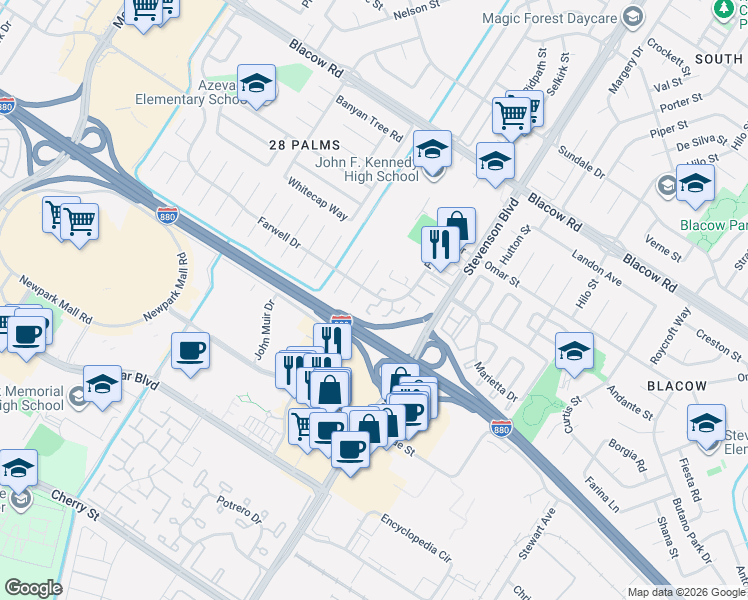 map of restaurants, bars, coffee shops, grocery stores, and more near 5714 Poplar Common in Fremont