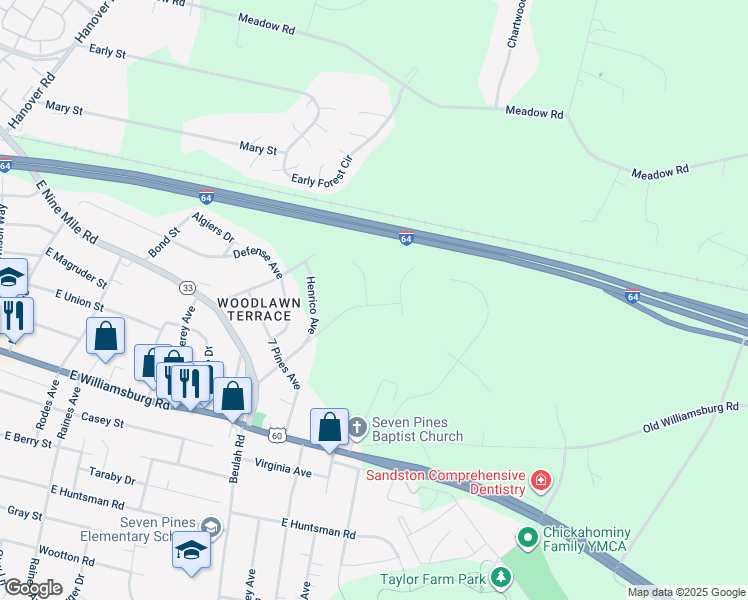 map of restaurants, bars, coffee shops, grocery stores, and more near 2136 Creekdale Court in Sandston