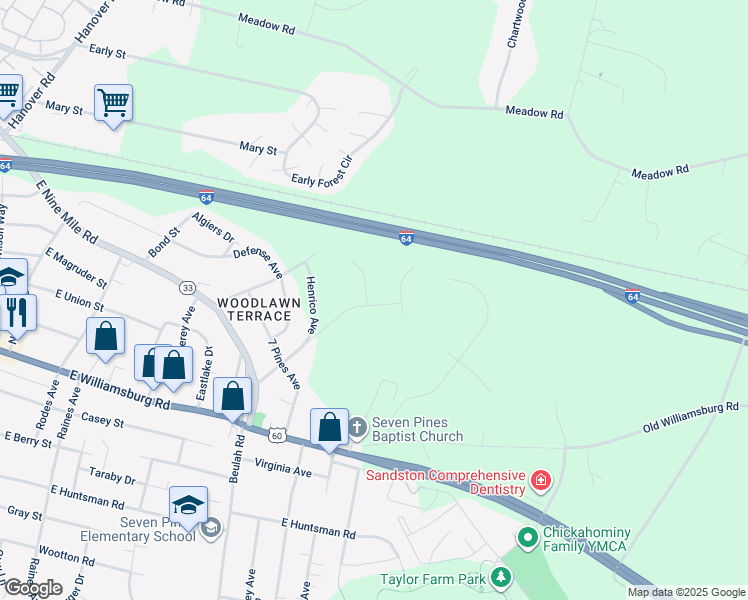 map of restaurants, bars, coffee shops, grocery stores, and more near 2136 Creekdale Court in Sandston