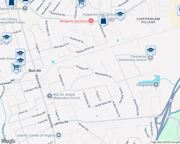 map of restaurants, bars, coffee shops, grocery stores, and more near 8137 Whittington Drive in Richmond