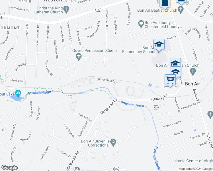 map of restaurants, bars, coffee shops, grocery stores, and more near 9417 Groundhog Drive in Richmond