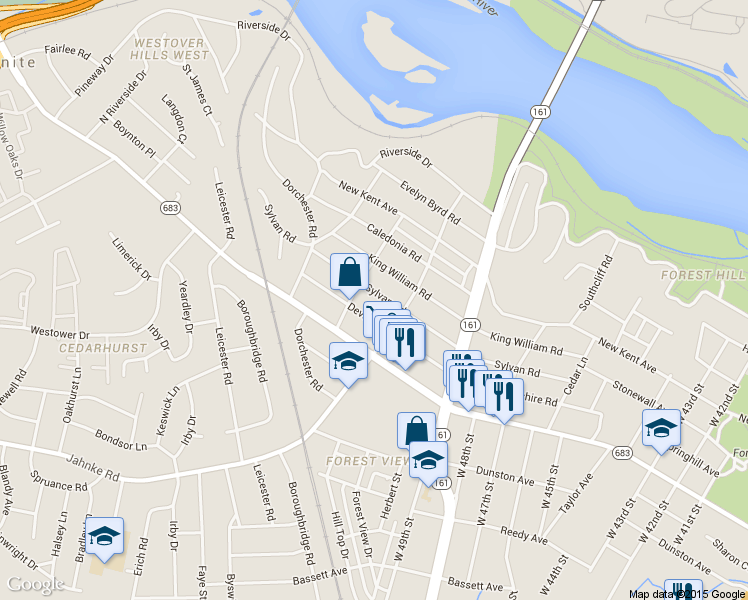 map of restaurants, bars, coffee shops, grocery stores, and more near 5109 Devonshire Road in Richmond