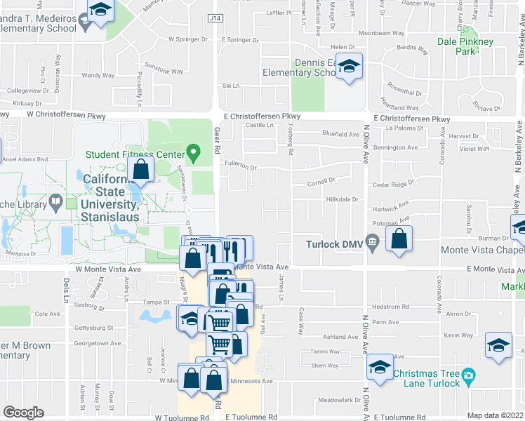 map of restaurants, bars, coffee shops, grocery stores, and more near 3498 Roanoke Court in Turlock