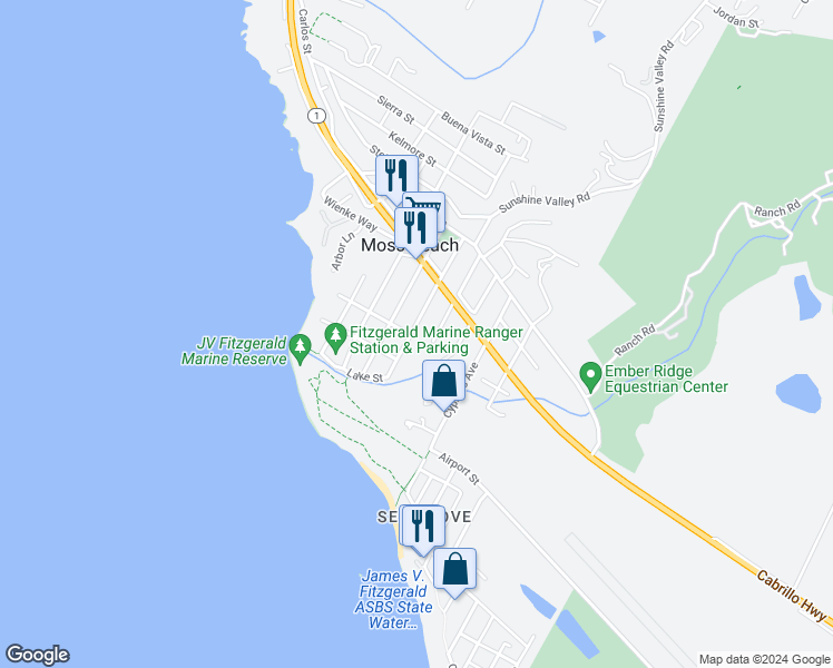 map of restaurants, bars, coffee shops, grocery stores, and more near 400 Vermont Avenue in Moss Beach
