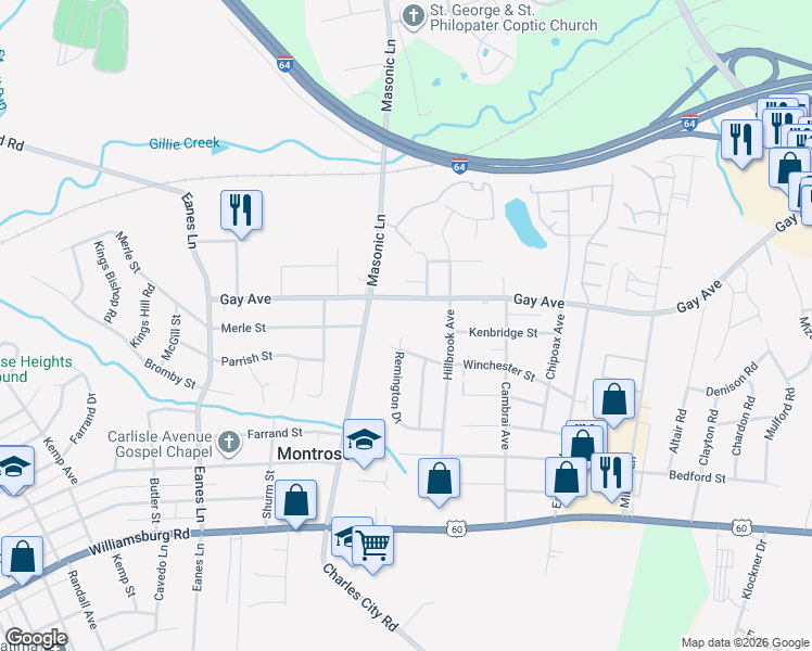 map of restaurants, bars, coffee shops, grocery stores, and more near 2705 Remington Court in Richmond