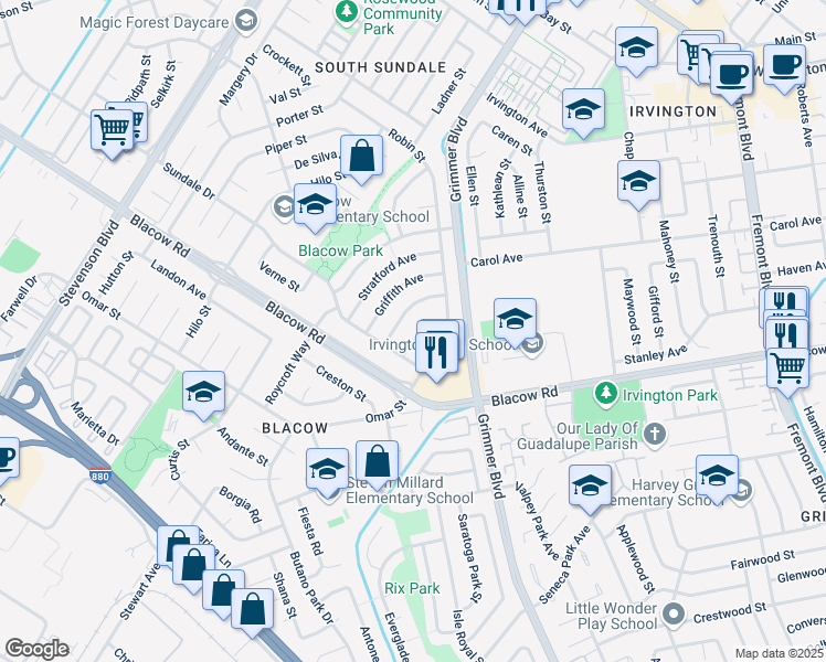 map of restaurants, bars, coffee shops, grocery stores, and more near 4751 Wadsworth Court in Fremont