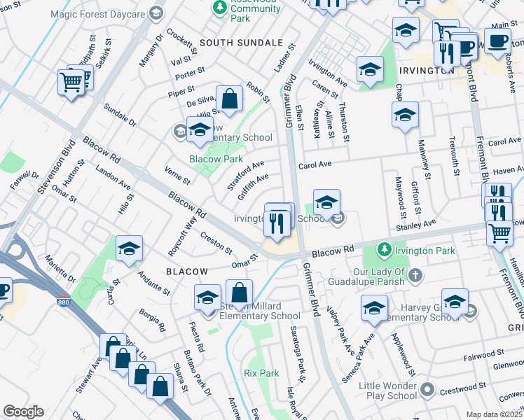 map of restaurants, bars, coffee shops, grocery stores, and more near 4751 Wadsworth Court in Fremont