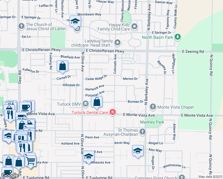 map of restaurants, bars, coffee shops, grocery stores, and more near 3431 Colorado Avenue in Turlock