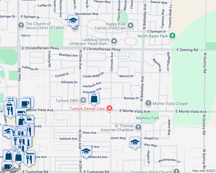 map of restaurants, bars, coffee shops, grocery stores, and more near 3431 Colorado Avenue in Turlock