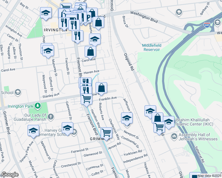 map of restaurants, bars, coffee shops, grocery stores, and more near in Fremont