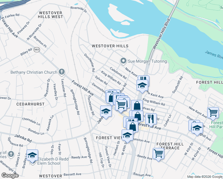 map of restaurants, bars, coffee shops, grocery stores, and more near 5109 Devonshire Road in Richmond