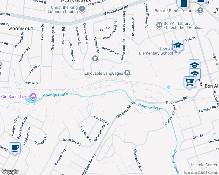 map of restaurants, bars, coffee shops, grocery stores, and more near 9625 Groundhog Drive in Richmond