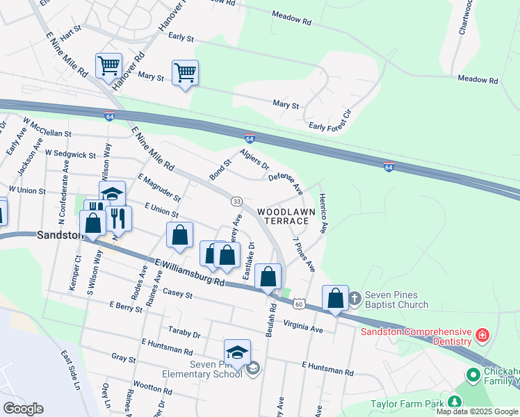 map of restaurants, bars, coffee shops, grocery stores, and more near 402 Dakar Drive in Sandston