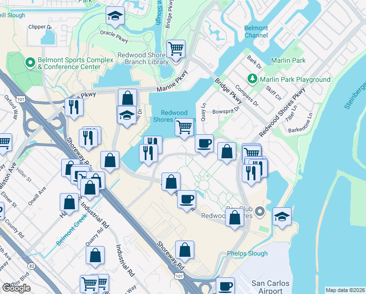 map of restaurants, bars, coffee shops, grocery stores, and more near 275 Shoreline Drive in Redwood City
