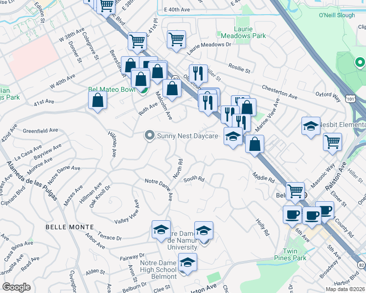 map of restaurants, bars, coffee shops, grocery stores, and more near 1248 North Road in Belmont