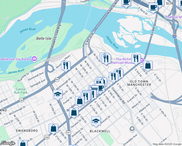 map of restaurants, bars, coffee shops, grocery stores, and more near 210 West 10th Street in Richmond