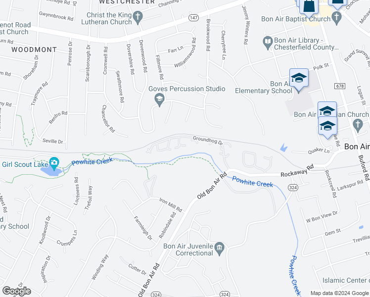 map of restaurants, bars, coffee shops, grocery stores, and more near 9619 Groundhog Drive in Richmond