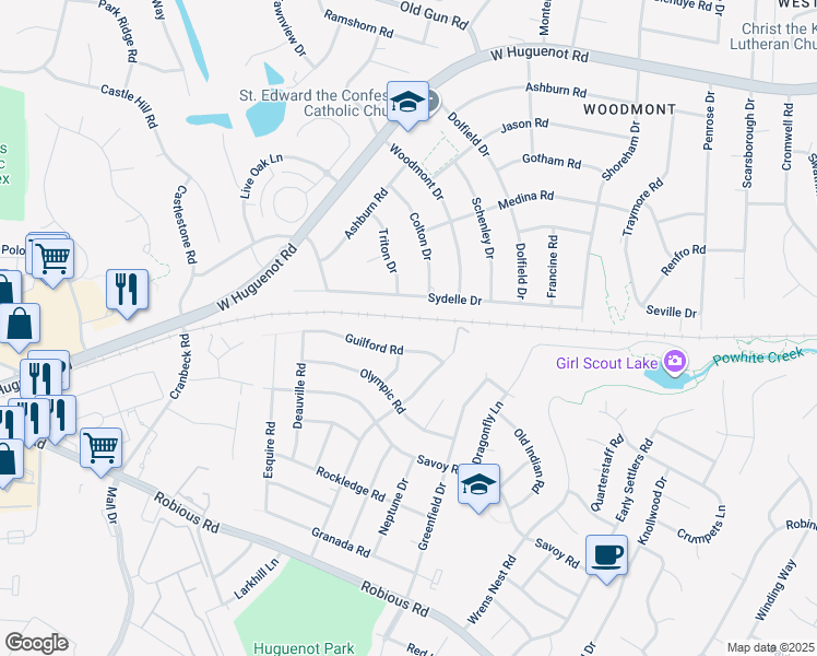 map of restaurants, bars, coffee shops, grocery stores, and more near 2220 Woodmont Drive in Richmond