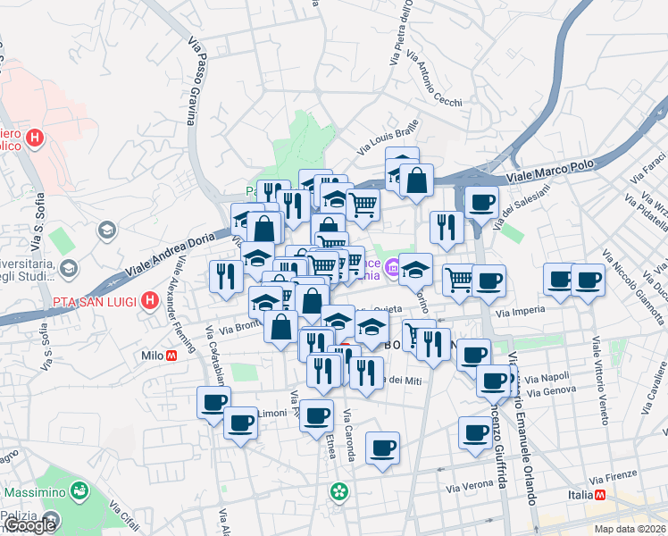 map of restaurants, bars, coffee shops, grocery stores, and more near 4-18 Via Grazia Deledda in Catania