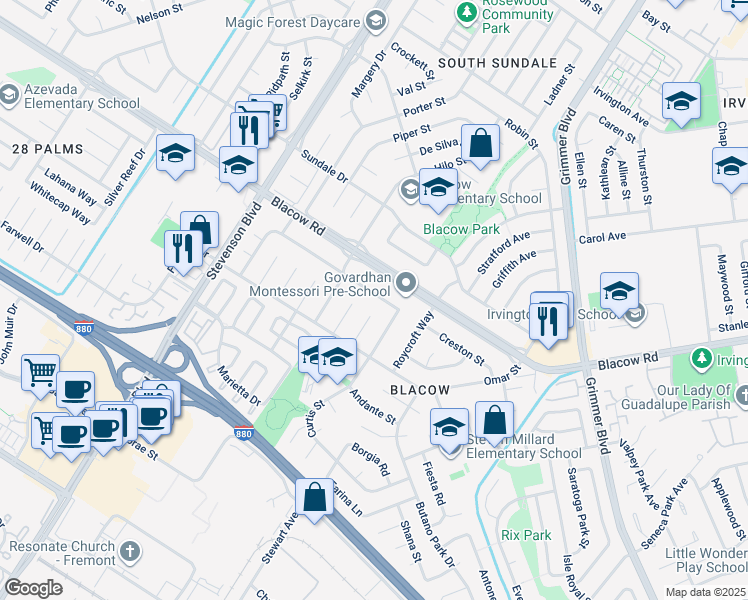 map of restaurants, bars, coffee shops, grocery stores, and more near 40447 Landon Avenue in Fremont