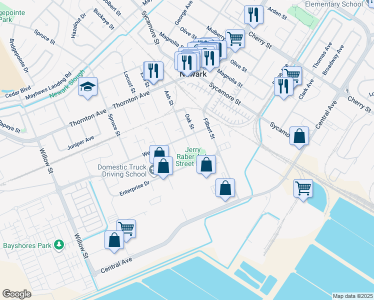 map of restaurants, bars, coffee shops, grocery stores, and more near 37365 Ash Street in Newark