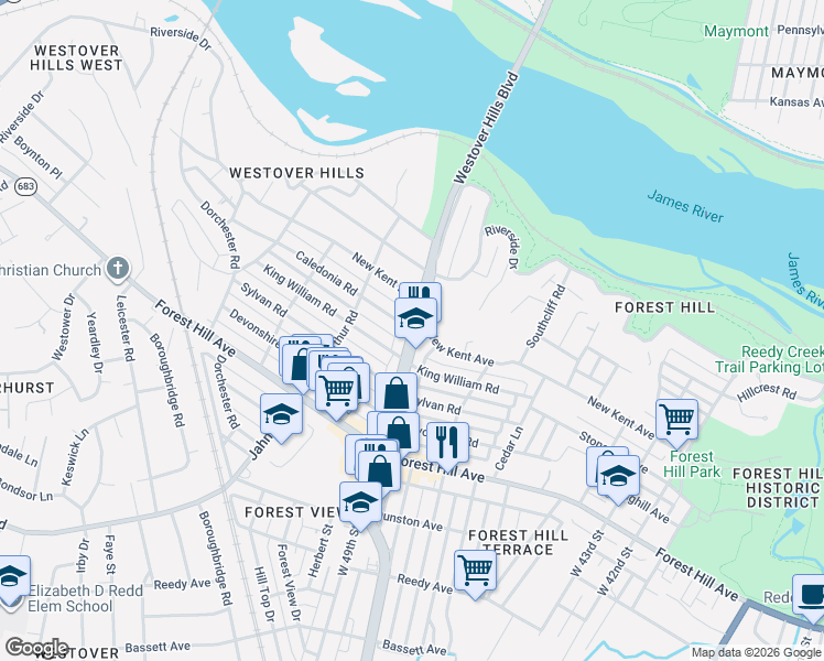 map of restaurants, bars, coffee shops, grocery stores, and more near Westover Hills Blvd & Caledonia Rd in Richmond