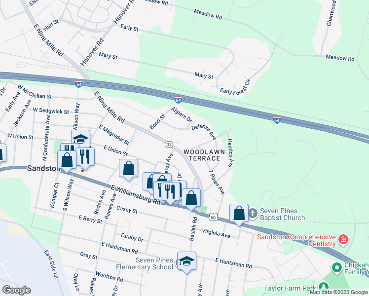 map of restaurants, bars, coffee shops, grocery stores, and more near 402 Dakar Drive in Sandston