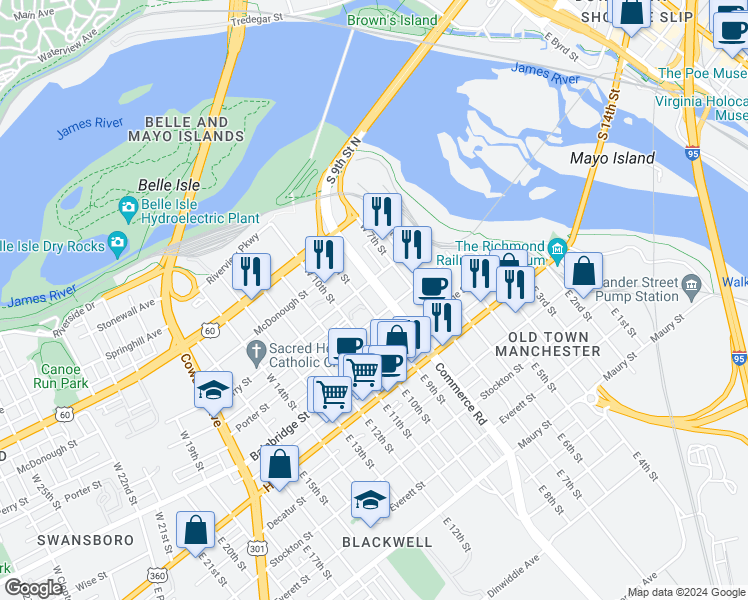map of restaurants, bars, coffee shops, grocery stores, and more near 815 Porter Street in Richmond