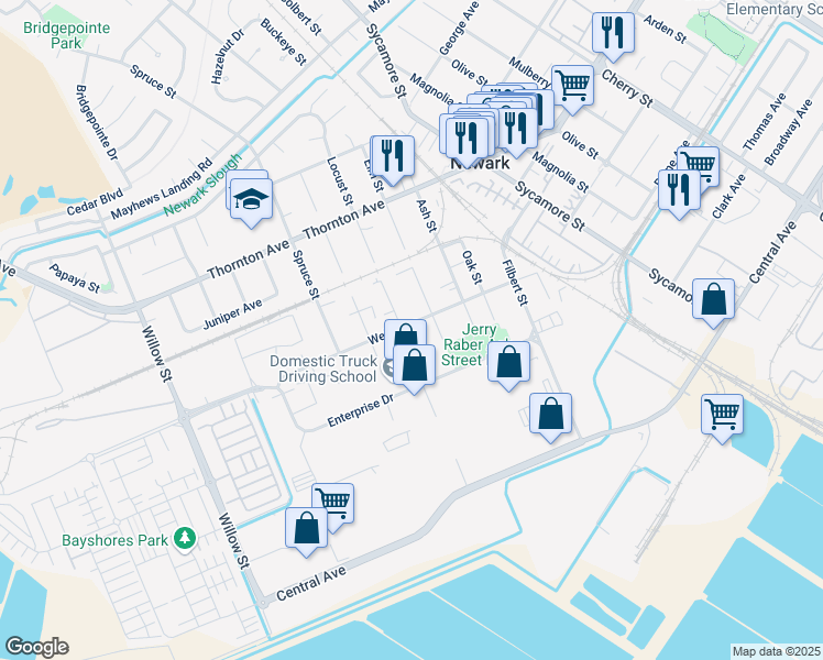 map of restaurants, bars, coffee shops, grocery stores, and more near 37234 Locust Street in Newark