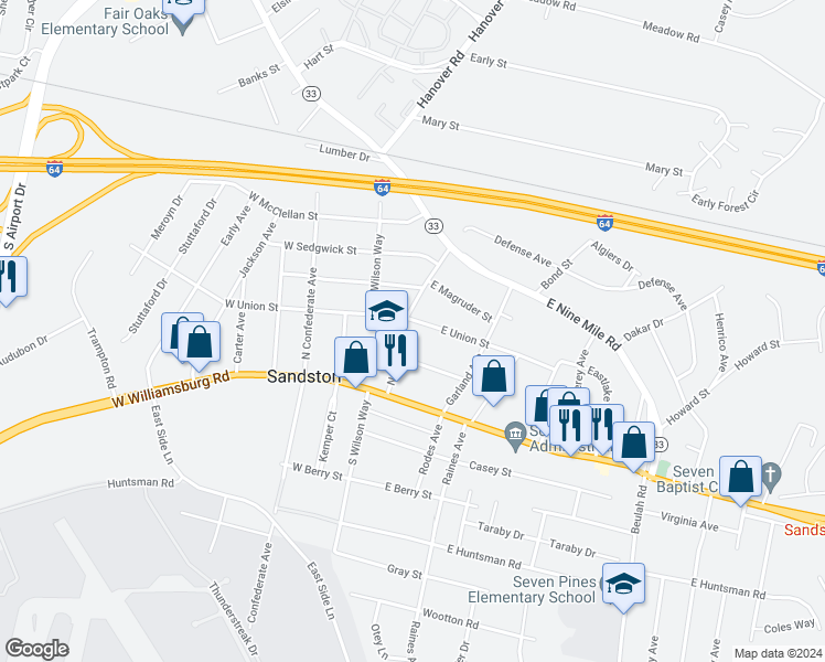 map of restaurants, bars, coffee shops, grocery stores, and more near 6 Naglee Avenue in Sandston