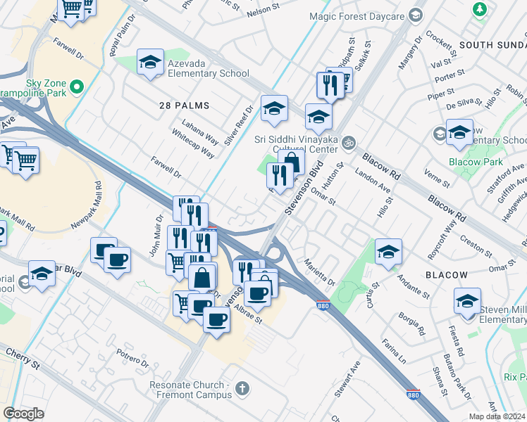 map of restaurants, bars, coffee shops, grocery stores, and more near 5610 Chestnut Common in Fremont