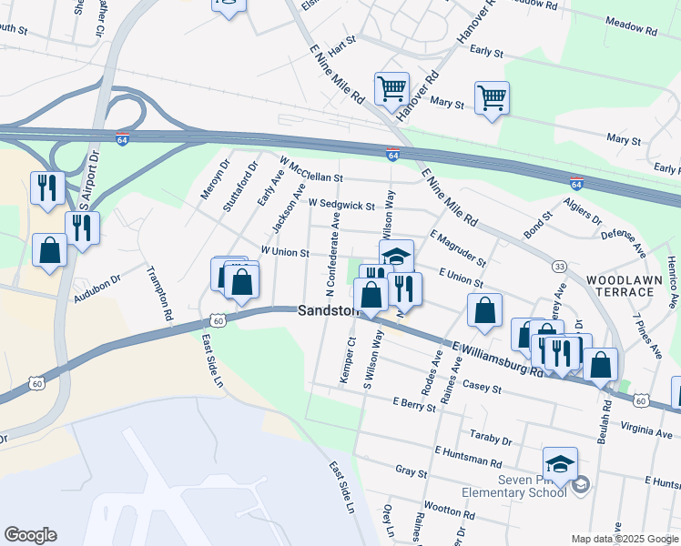 map of restaurants, bars, coffee shops, grocery stores, and more near 10 North Confederate Avenue in Sandston
