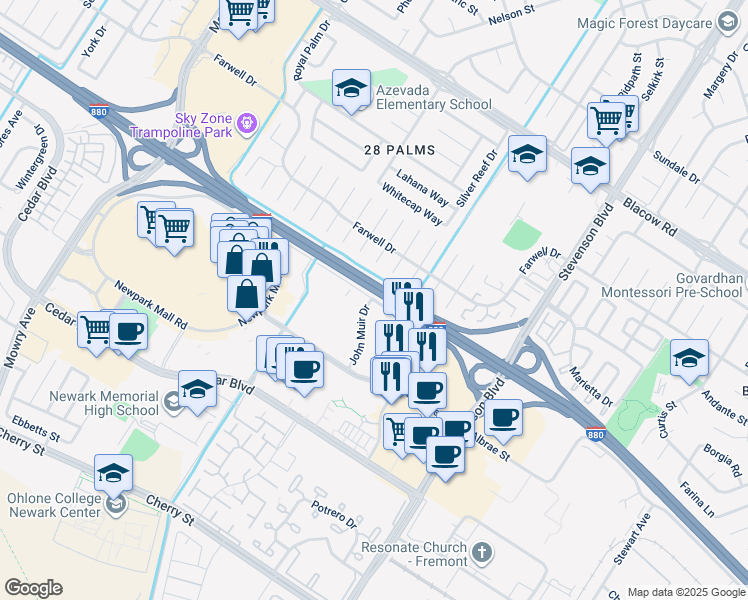 map of restaurants, bars, coffee shops, grocery stores, and more near Mowry School Road in Newark