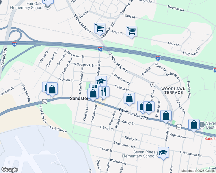 map of restaurants, bars, coffee shops, grocery stores, and more near 102 Naglee Avenue in Sandston