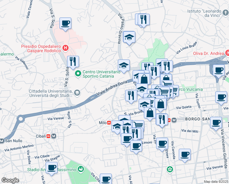 map of restaurants, bars, coffee shops, grocery stores, and more near 6 Viale Andrea Doria in Catania