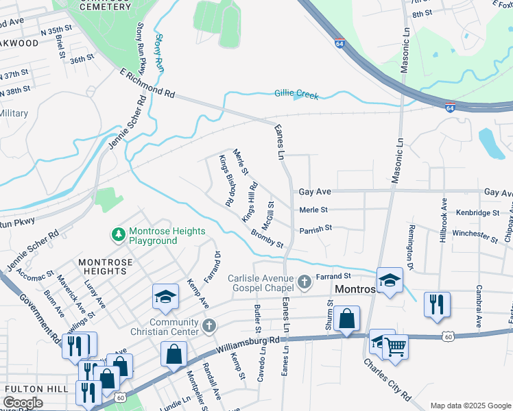 map of restaurants, bars, coffee shops, grocery stores, and more near 4522 Kings Hill Road in Richmond