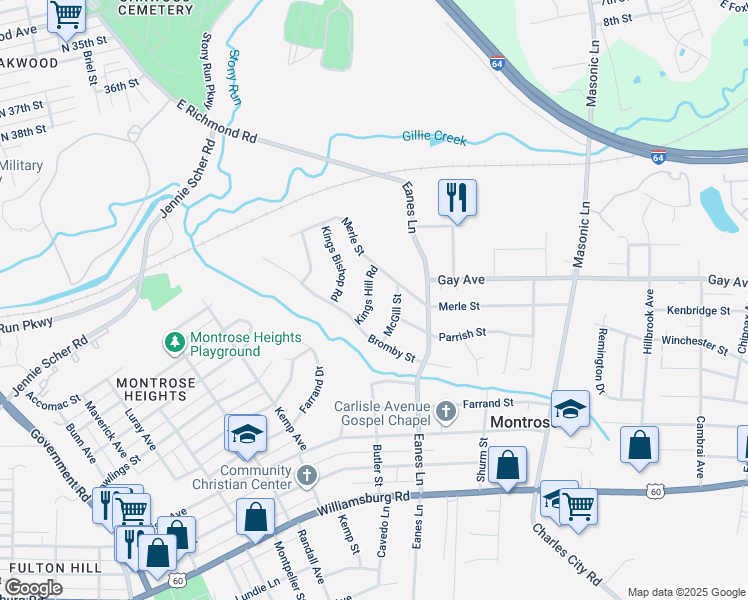 map of restaurants, bars, coffee shops, grocery stores, and more near 4522 Kings Hill Road in Richmond