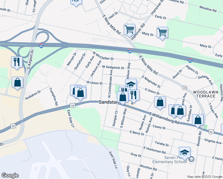 map of restaurants, bars, coffee shops, grocery stores, and more near 10 North Confederate Avenue in Sandston