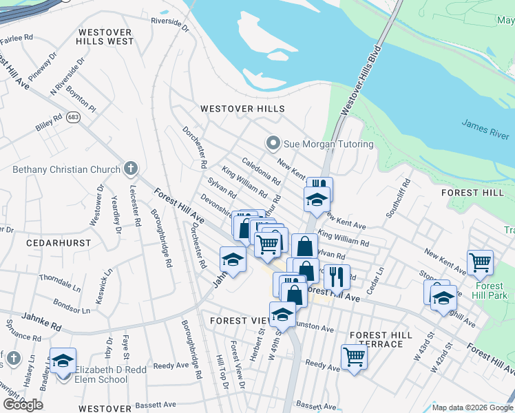 map of restaurants, bars, coffee shops, grocery stores, and more near 5118 King William Road in Richmond