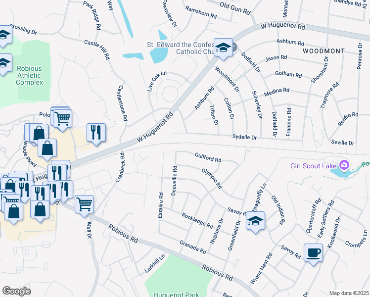 map of restaurants, bars, coffee shops, grocery stores, and more near 11160 Guilford Road in Richmond
