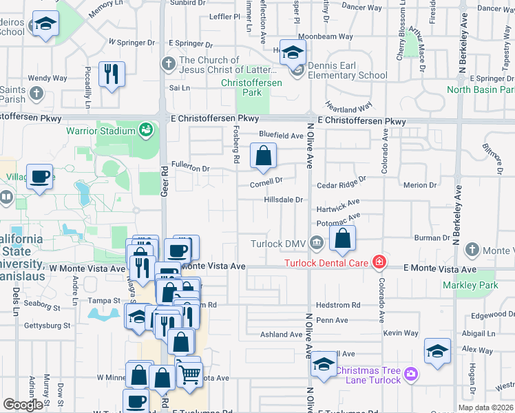 map of restaurants, bars, coffee shops, grocery stores, and more near 3492 Gerald Court in Turlock