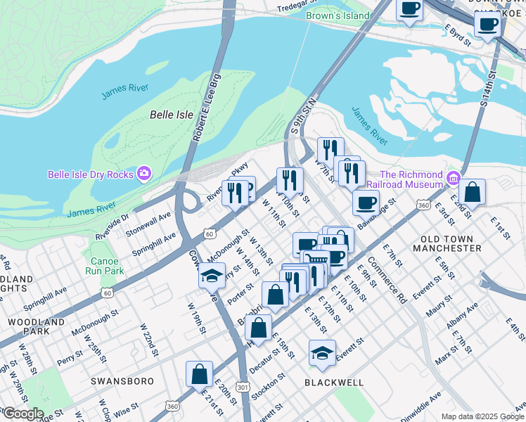 map of restaurants, bars, coffee shops, grocery stores, and more near 1000 Semmes Avenue in Richmond