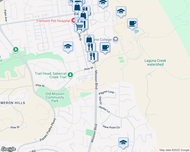 map of restaurants, bars, coffee shops, grocery stores, and more near 43709 Abeloe Terrace in Fremont