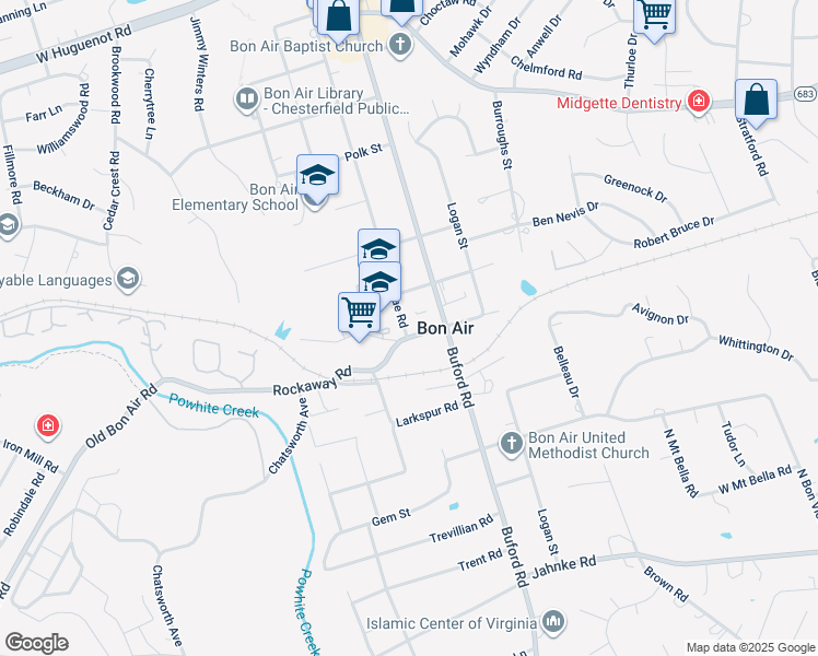 map of restaurants, bars, coffee shops, grocery stores, and more near 8634 Rockaway Road in Bon Air