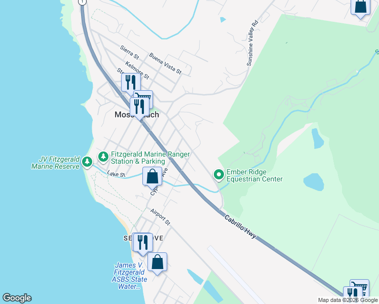 map of restaurants, bars, coffee shops, grocery stores, and more near 1030 Etheldore Street in Moss Beach