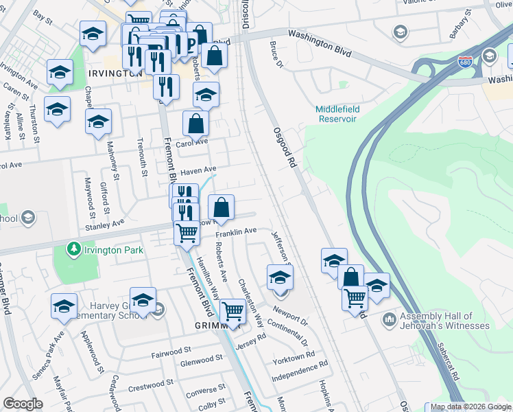 map of restaurants, bars, coffee shops, grocery stores, and more near 3661 Howe Court in Fremont