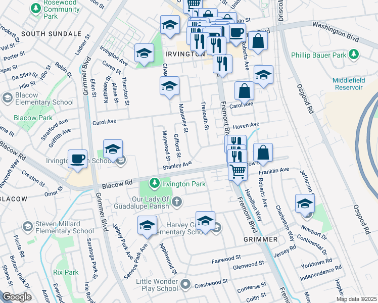 map of restaurants, bars, coffee shops, grocery stores, and more near 41771 Meiggs Street in Fremont