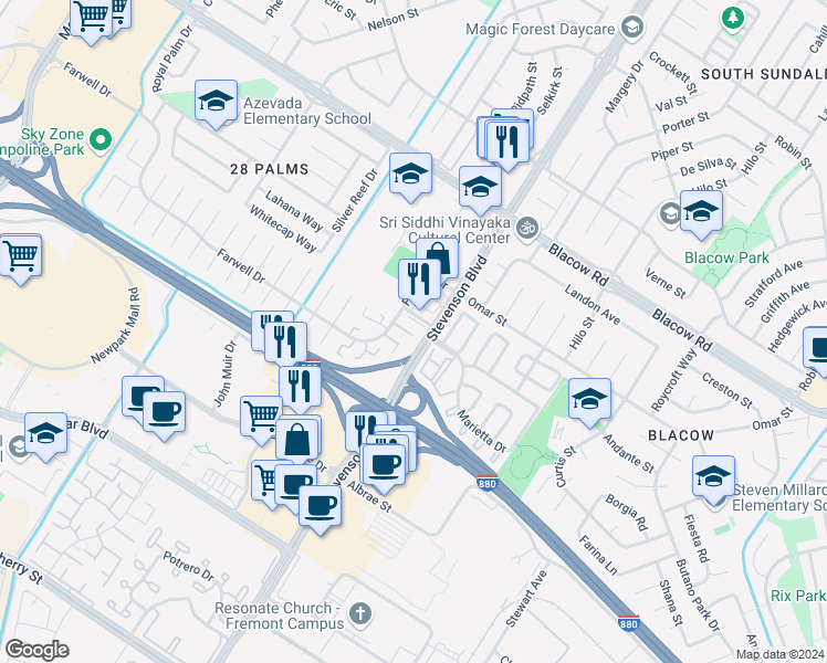 map of restaurants, bars, coffee shops, grocery stores, and more near 5533 Stevenson Boulevard in Fremont