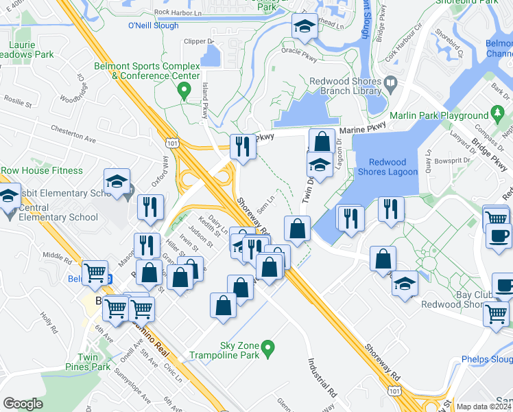map of restaurants, bars, coffee shops, grocery stores, and more near 120 Sem Lane in Belmont